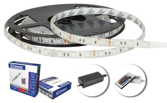 405-203 LED lente (60 LED/m) ,RGB,3 m,14.4W/m  (43,2W/ 3m), 24 poz.controleris+adapteris 3 A, IP65